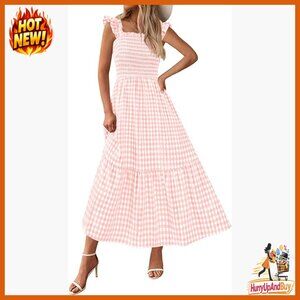 Square Neck Ruffle Strap Smocked Midi Dress A-Line Flowy Casual Beach